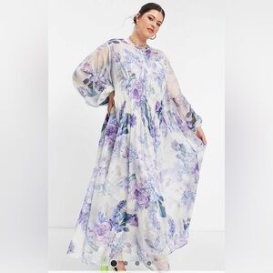 ASOS White Maxi Dress Purple Lilac Floral Print Sheer Plus 20 Alemais Anthro New